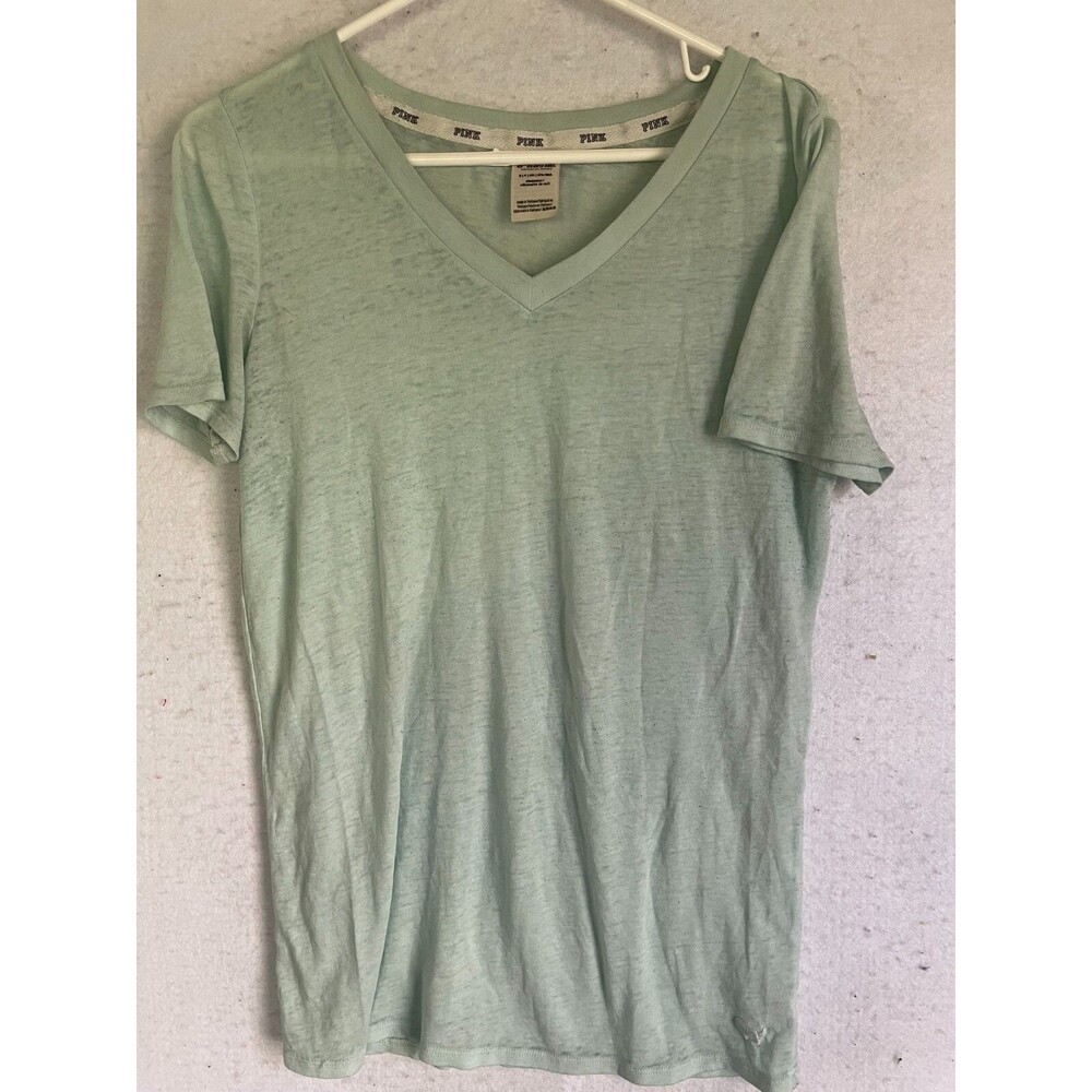 Victoria Secret PINK Women's V-neck T-shirt Tee sz S Light Green Gray Cotton
